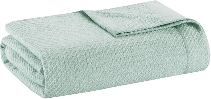 Madison Park Soft Certified 100% Egyptian Cotton Breathable Cozy Blanket, Premium Waffle Knit Classic Design, Luxury All Season Lightweight Cover for Bed, Couch and Sofa, Seafoam King(108"x90")