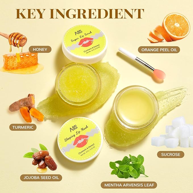 ANAI RUI Turmeric Lip Treatment Set & Strawberry Lip Care Kit with Lip Sleeping Mask + Lip Exfoliatot Scrub for Hydrating & Plumping Lips