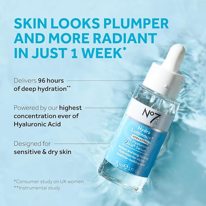 No7 HydraLuminous+ 2% Hyaluronic Acid Serum - Hydrating Facial Serum with 5% Vitamin B3 Niacinamide to Support Skin Barrier Repair - For Visibly Radiant & Healthier-Looking Skin (1 Fl Oz)