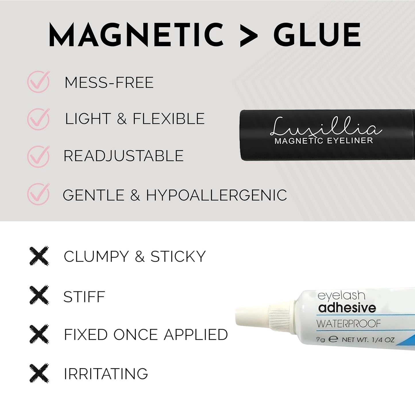 Luxillia Magnetic Eyelashes Kit – 10 Piece (Clear & Black) Magnetic Eyelash & Eyeliner Set with Applicator – Natural Look Easy Apply Reusable Fake Extension Lashes, No Glue – Pestañas Naturales