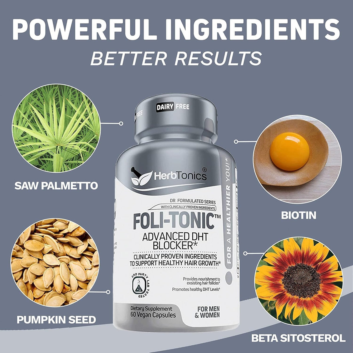 Hair Growth Vitamins for Women & Men | DHT Blocker with Saw Palmetto & 10000mcg Biotin, Foli Tonic Hair Growth Supplement – Supports Fuller, Thicker Hair Appearance, Non-GMO, 60 Vegan Capsules