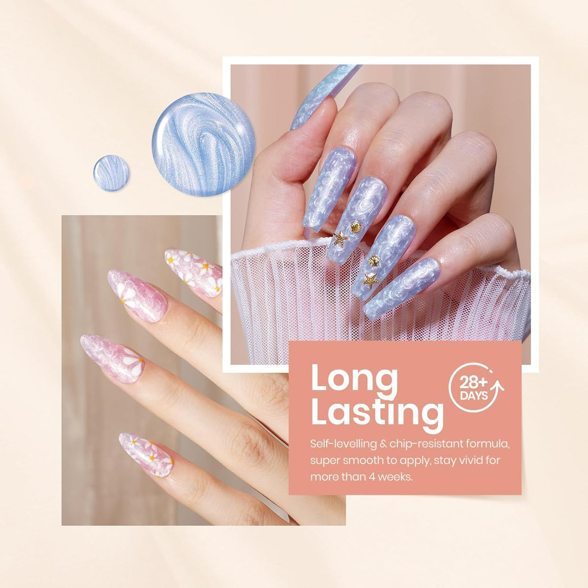 Beetles Pearl Gel Nail Polish – Glitter Silk 6 Colors Gel Polish Set, Pastel Pink White Orange Blue Colors Shimmer Mermaid Shell Swirl Thread Effect Soak Off UV LED Gift for Women