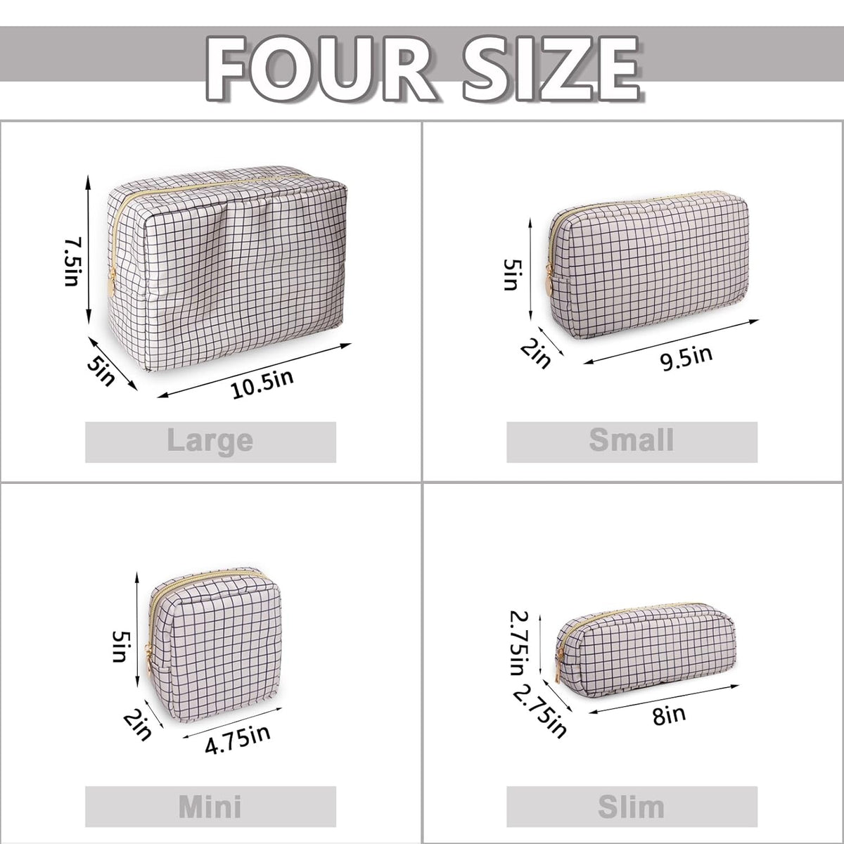 Small Makeup Bag Pouch for Purse，Nylon Travel Toiletry Storage Bag Preppy Checkered Cosmetic Bag for Women Girls，Waterproof Makeup Organizer Bag Pouch Skincare Bag with Zipper (Small-Checkered)