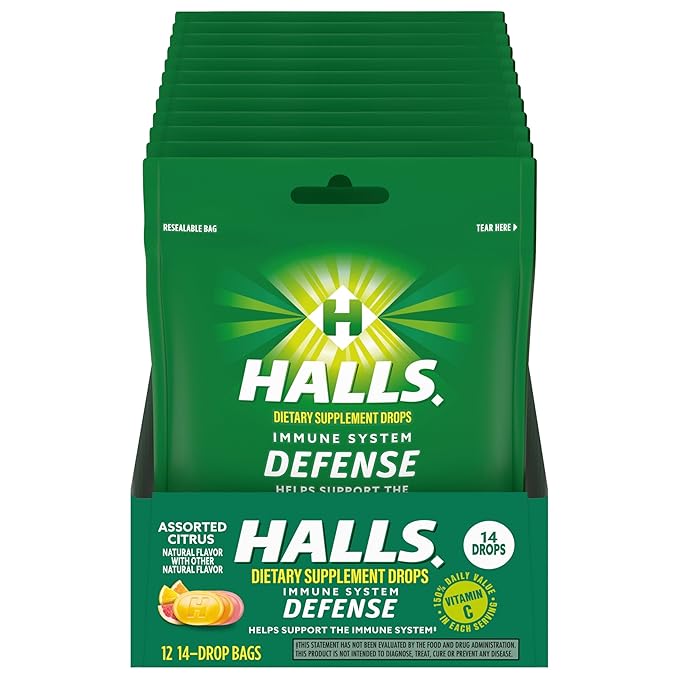 HALLS Defense Assorted Citrus Vitamin C Drops, 12 Packs of 14 Drops (168 Total Drops)