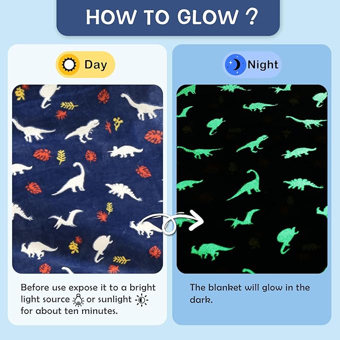 SOCHOW Glow in The Dark Throw Blanket 60 x 80 Inches, Jurassic Dinosaur Pattern Soft Cozy Flannel Fleece Blanket for Sons Daughters, All Seasons Navy Blue Presents Blanket for Preteens Teens