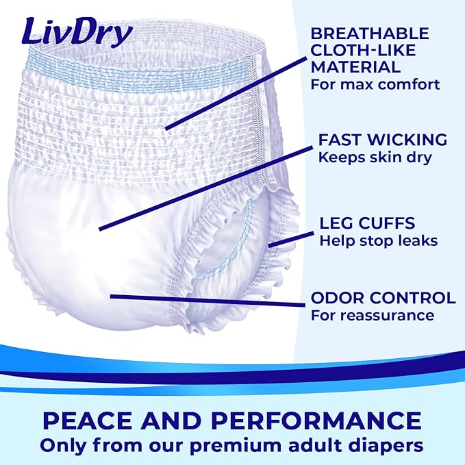 LivDry M Overnight Adult Diapers for Women and Men, Incontinence Underwear, Medium, 68-Pack