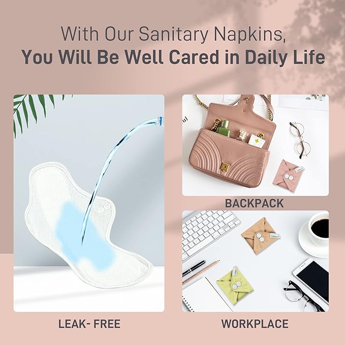 Langsprit Cotton Reusable Period Pads for Women, Washable Pads Menstrual, Regular Absorbency Cotton Cloth Menstrual 3pcs Set with Mini Wet Bag, Suitable for Menstrual Period