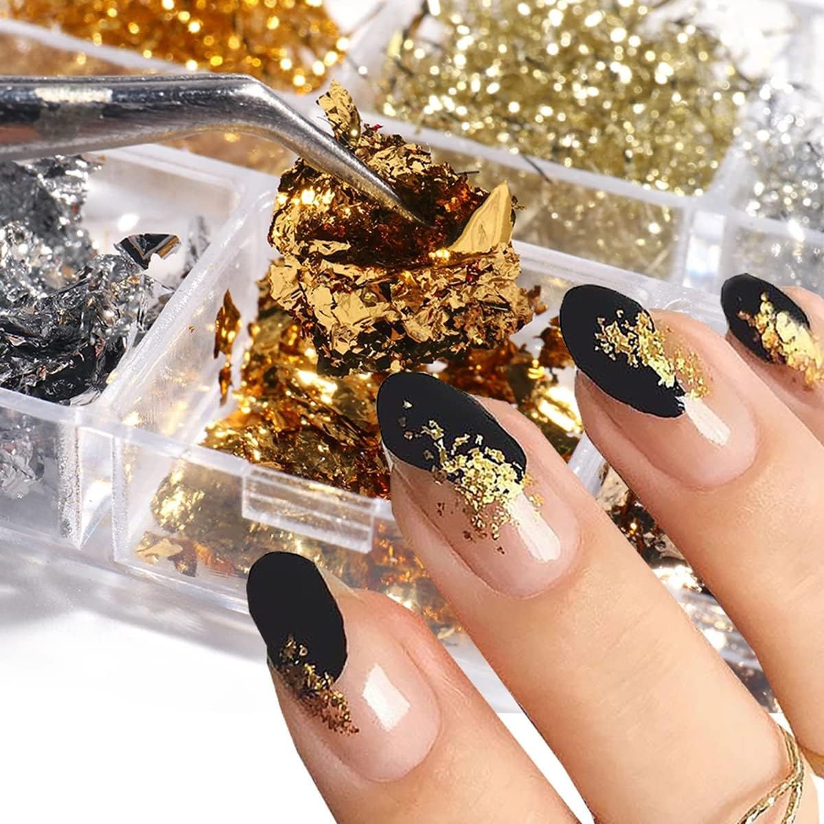Holographic Nail Foil Flakes 3D Sparkly Aluminum Foil Glitter Sequins Nail Art Supplies Gold Silver Nail Art Foil Glitter Paillettes Line Strip Nail Glitter Flakes for Acrylic Nails Design (6 Grids)