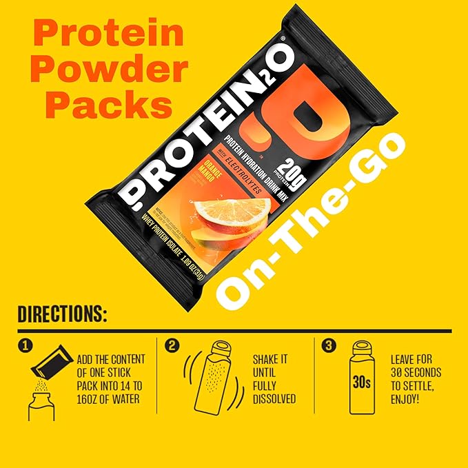 Protein2o 20g Whey Protein Isolate Clear Protein Powder, 370mg of Electrolytes, Vitamins B5 & B6, Sugar Free, Orange Mango, 16-Pack