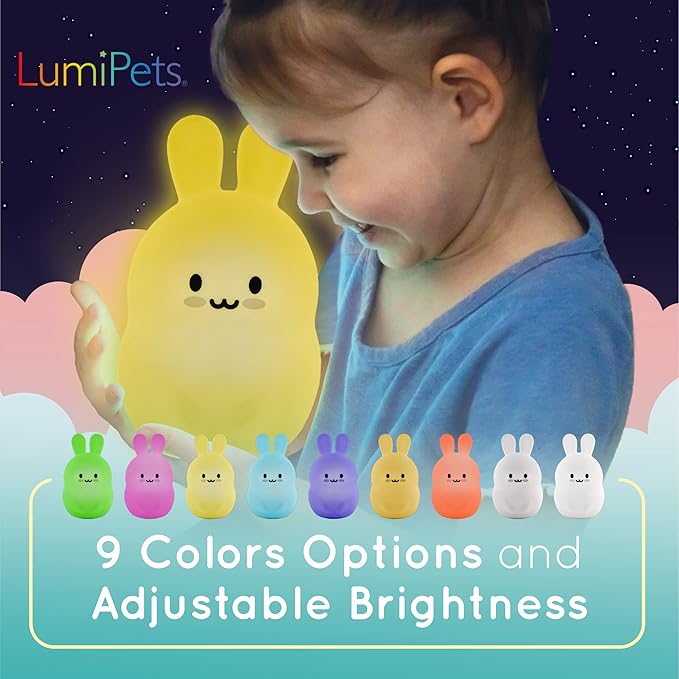 Lumipets Remote Control Silicone Night Light for Kids - Bunny Design with 9 Soft Colors & Sleep Timer - Rechargeable, Battery-Operated Lamp for Bedroom | Baby Nursery, Toddler, Girls, Boys
