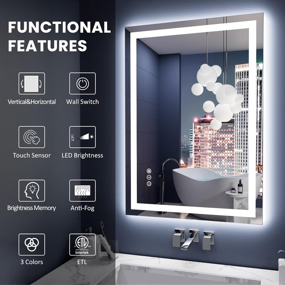 Amorho LED Mirror for Bathroom 28X20 Inch with Backlight and Front Lit, Fogless Mirror for Wall Mounted, Dimmable, 3 Colors, Memory