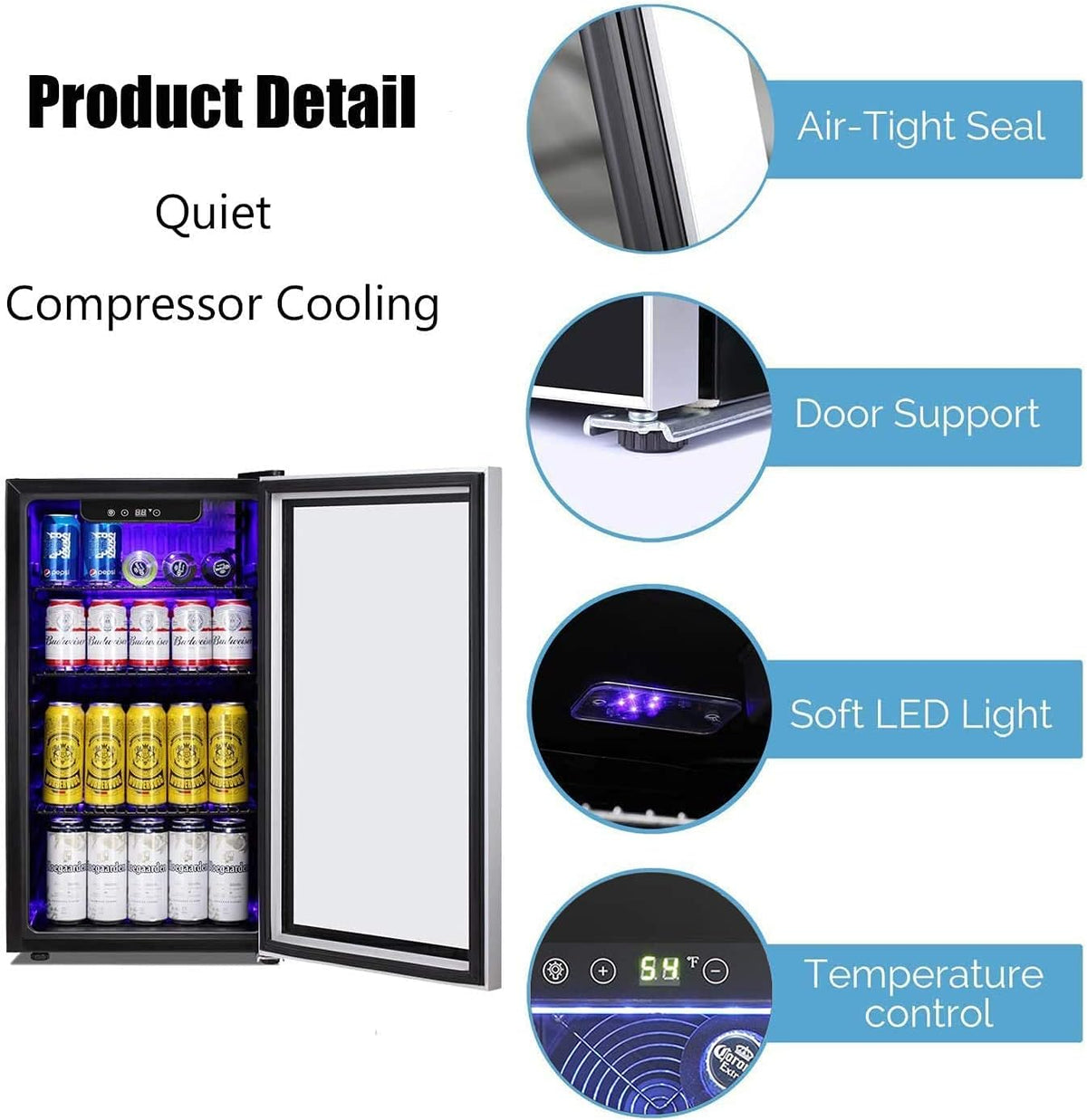 Antarctic Star Beverage Refrigerator -125 Can Mini Fridge for Soda Beer or Wine, Stainless steel door frame, for Office or Bar with Adjustable Removable Shelves, Black, 3.3 Cu.Ft