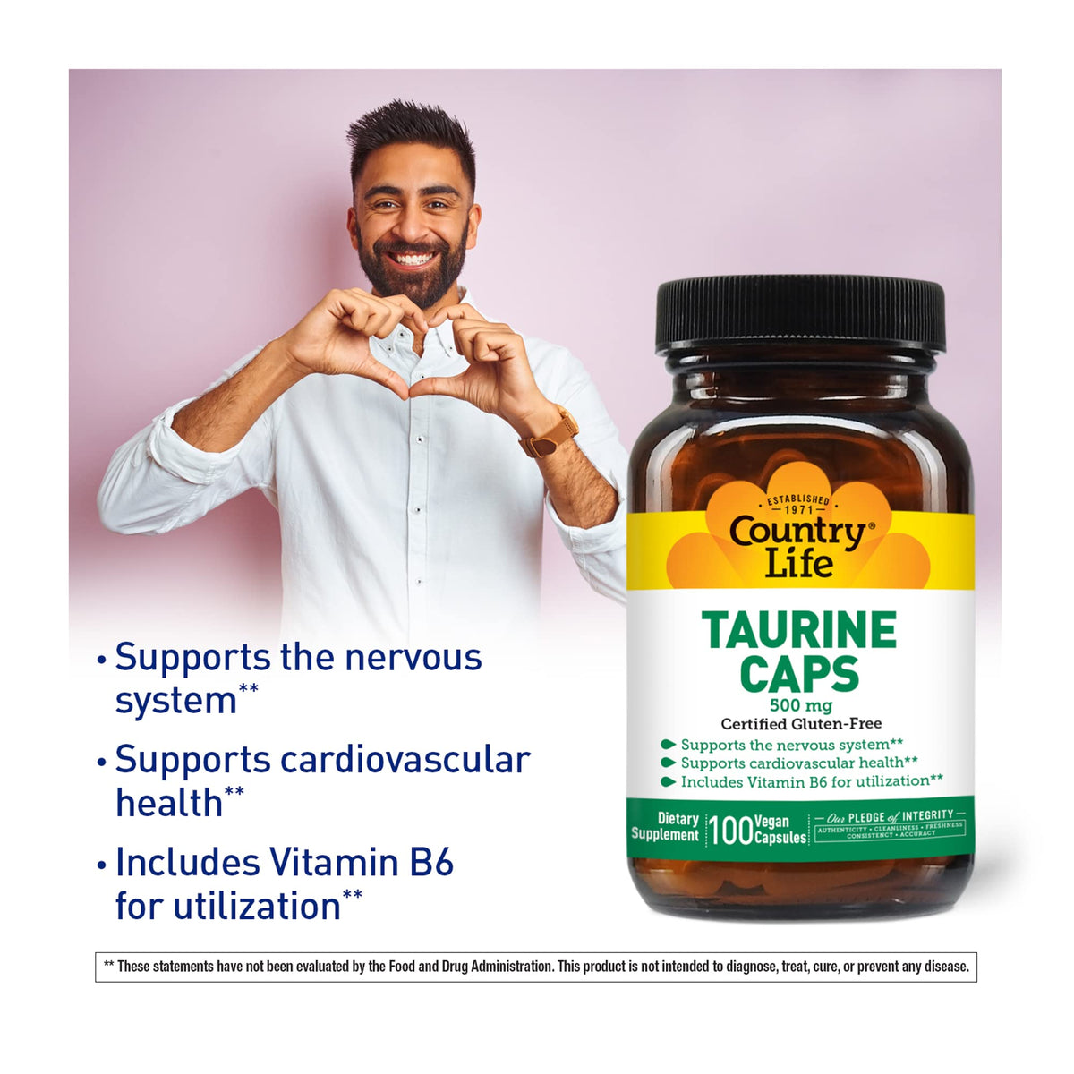 Country Life Taurine Supplement 500mg - Supports Cardiovascular and Nervous System- 100 Capsules