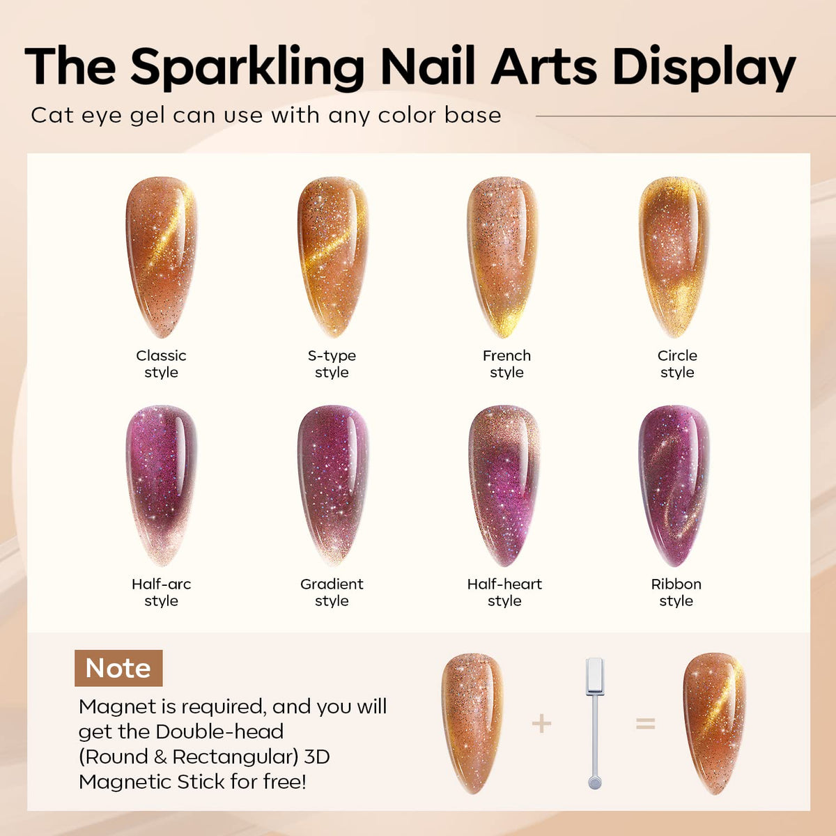 modelones Gel Nail Polish Set, 6 Colors Nude Brown Gel Polish Glitter Burgundy Shiny Champagne Gold Magnetic Cat Eye Effect Sparkle Stunning Home Nail Art Kit Gift for Girl Women