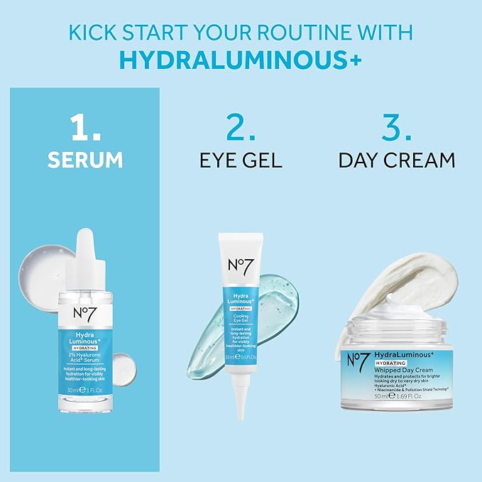 No7 HydraLuminous+ 2% Hyaluronic Acid Serum - Hydrating Facial Serum with 5% Vitamin B3 Niacinamide to Support Skin Barrier Repair - For Visibly Radiant & Healthier-Looking Skin (1 Fl Oz)