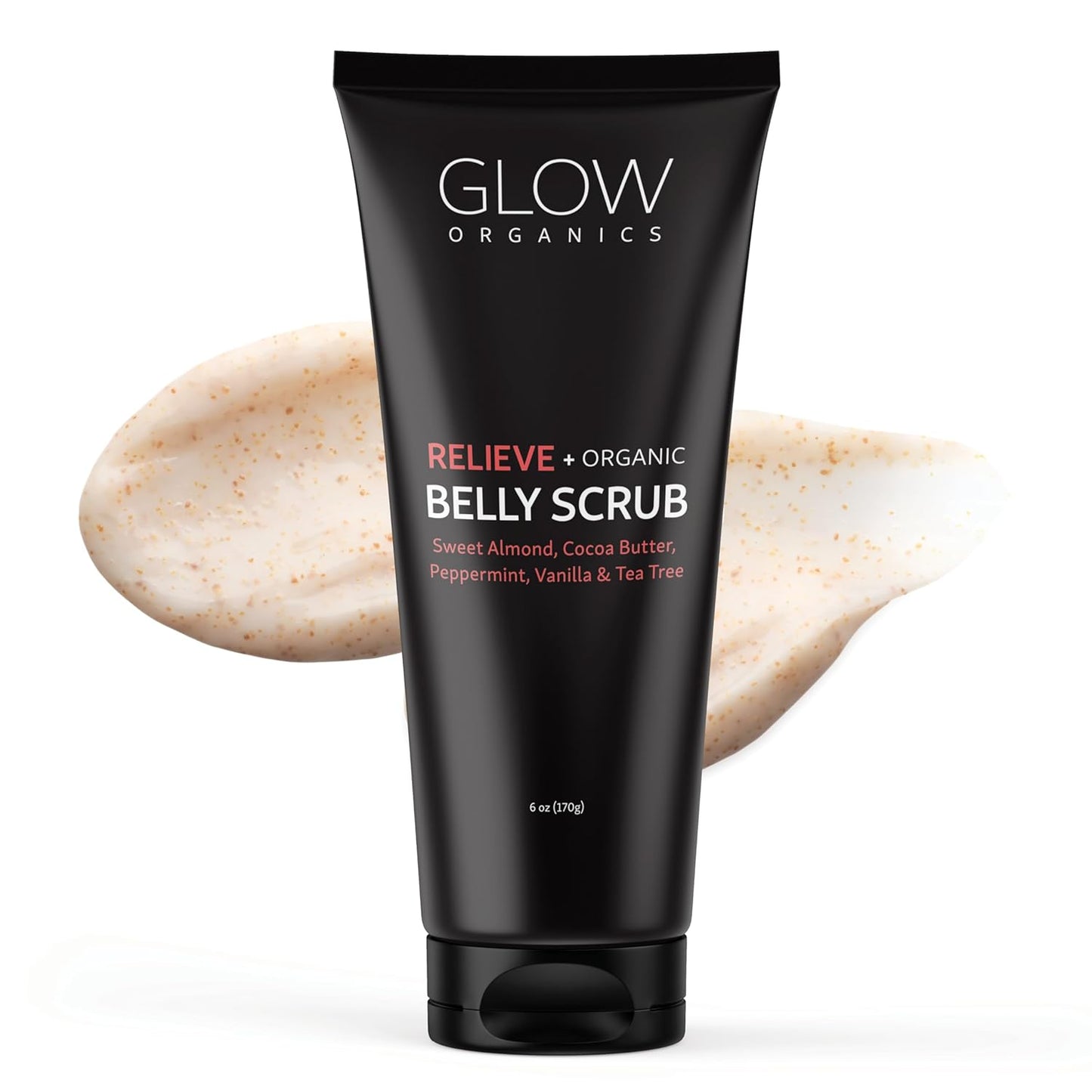 Exfoliating Belly Scrub, 6 oz, Moisturizing Body Exfoliant with Sweet Almond Oil and Cocoa Butter, Organic, Sugar Scrub, Natural Vegan Skin Care