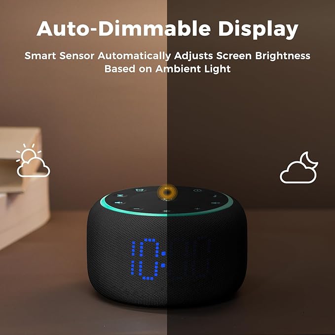 White Noise Machine Alarm Clock for Bedrooms - 5W Stereo Bluetooth Speaker - 24 Soothing Sounds - 9 Night Lights - Auto-Dimmable Digital Alarm Clock Sound Machine for Sleeping