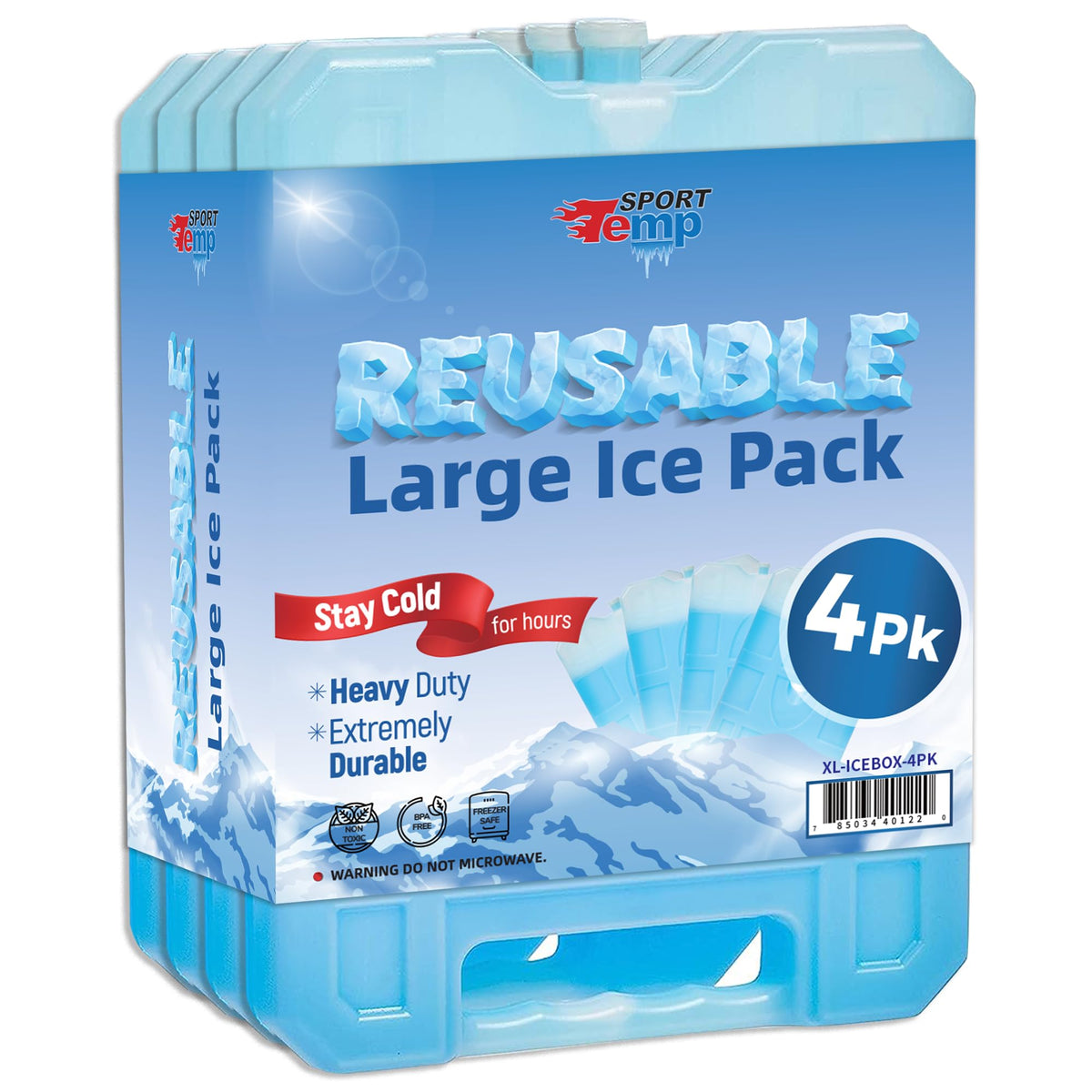 Sport Temp Reusable X-Large Ice Pack (4Pack) Long Lasting - Perfect for Keeping Food Or Beverages Cold, Coolers, Camping, Beach Coolers, Hiking & More, Clear Blue