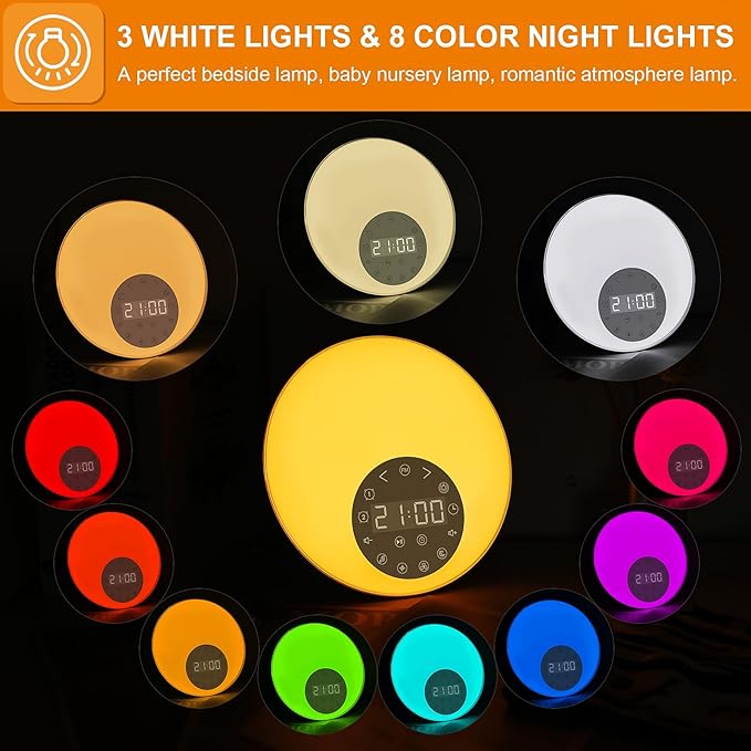 ANTDALIS Noise Sound Machine with Sunrise Alarm Clock, Dual Alarms, FM Radio, Snooze, 26 White Noise Sounds, 8 Colors Night Light, 4 Sleep Timer- Ideal Gift for Kids, Adults, Heavy Sleepers