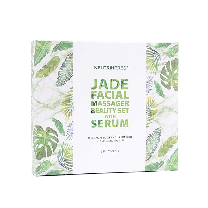 NEUTRIHERBS Jade Gua Sha & Face Roller & Vitamin C Serum Facial Tool Set(3 in 1 Kit), Home Face Massager for Wrinkle,Fine Line,Puffiness,Firm Smooth Relax Skin -- Green
