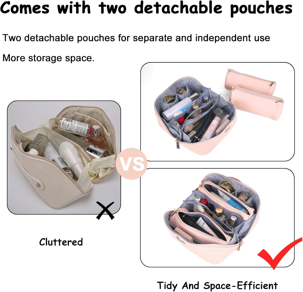 BOYATU Travel Makeup Bags for Women: Vegan Leather Cosmetic Bag Set of 3 - Large Capacity Make up Bag with Divider - Wide Open Waterproof Toiletry Organizer Bag with Handle (05-Pink)