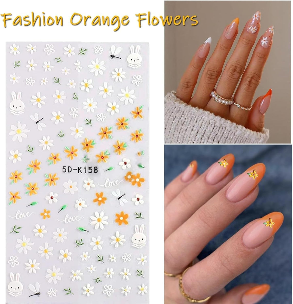 Flower Nail Stickers for Nail Art 6 Sheets 5D Embossed Nails Decals Spring Summer Self-Adhesive Supplies Accessories 3D Flowers Nails Stickers for Women Design Decoration