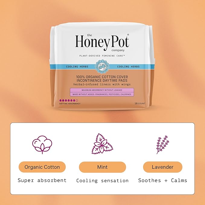 The Honey Pot Company - Herbal Pads for Women - Organic Incontinence Daytime w/Wings. Infused w/Essential Oils for Cooling Effect & Postpartum Essentials - Feminine Care - FSA & HSA - 16ct.
