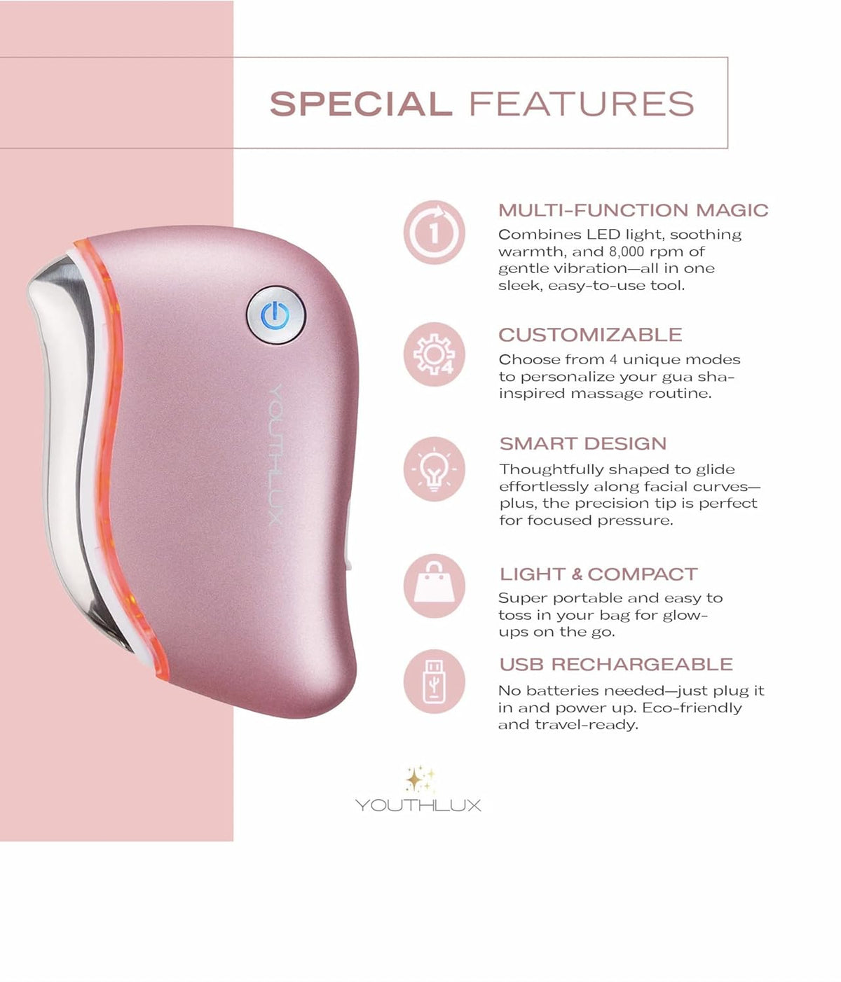 ProSculpt Heated Gua Sha Facial Massager – Electric Guasha Tool for Face Sculpting, Relaxation & Skincare | Soothing Vibration Facial Massage Tool with Contoured Design (Rose Gold)
