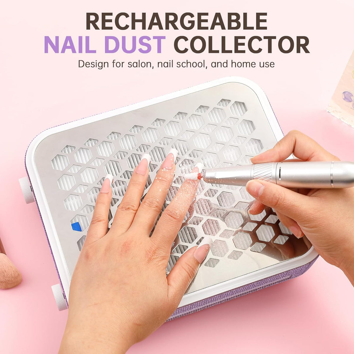 Nail Dust Collector, Rechargeable Dust Collector Nail Tech, Powerful Vacuum Fan Vent Dust Collector Extractor Dust Suction Machine for Acrylic Nails Polishing, Nail Salon&Home,Purple