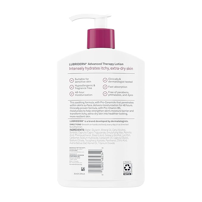 Lubriderm Advanced Therapy Fragrance Free Moisturizing Hand & Body Lotion + Pro-Ceramide, Intense Hydration for Itchy, Extra Dry, & Sensitive Skin, Non-Greasy, Hypoallergenic, 16 fl. oz