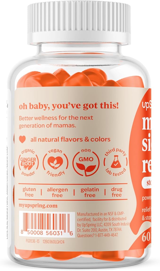 UpSpring Morning Sickness Relief Gummies – Natural Support for Pregnancy Nausea – Vegan, Ginger, Spearmint, Lemon & Vitamin B6 – 60 Gummies