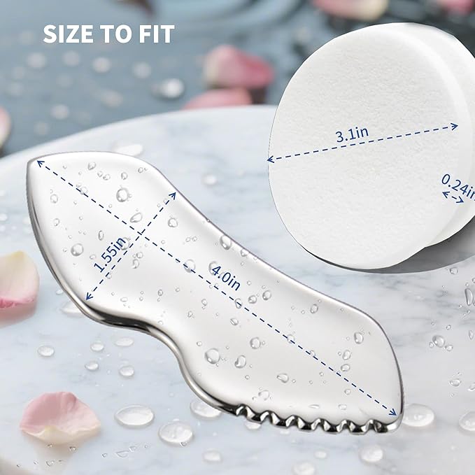 Facial Sponge with Stainless Steel Gua Sha Tool - 2-in-1 Design, Premium Guasha Set for Face, Body and Face Gua Sha Stone for Tighten Skin