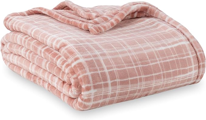 Berkshire Blanket-Classic Heavyweight Soft Printed VelvetLoft® Plush Blanket, Full/Queen Size Soft Fuzzy Warm Blanket for Couch Sofa Bed, Watercolor Plaid Blush, 90in x 90in