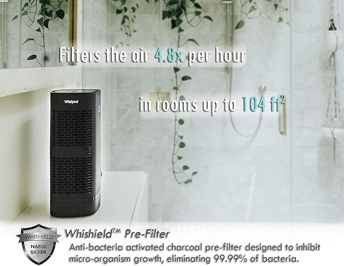 Whirlpool Whispure WPT60B, True HEPA Air Purifier, Activated Carbon Advanced Anti-Bacteria, Ideal for Allergies, Odors, Pet Dander, Mold, Smoke, Smokers, and Germs, Medium, Black
