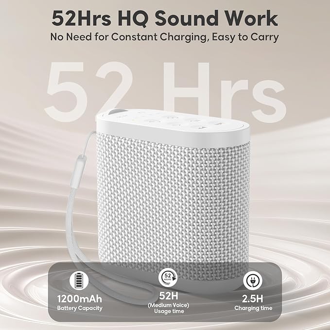 Portable Sound Machine for Travel, White Noise Sound Machine for Sleeping, 52-Hour Lasting Mini Noise Machine with 21 Quality Non-looping Sounds, Headphone Jack, Memory, Timer for Adults,Hotel (White)