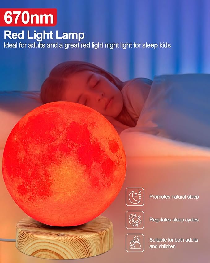 Red Light Therapy Night Light Lamp for Sleep 670nm Red Moon Nightlight Desk Lamp with Multi-Color and Brightness Options Remote Control USB Charging Elegant Design