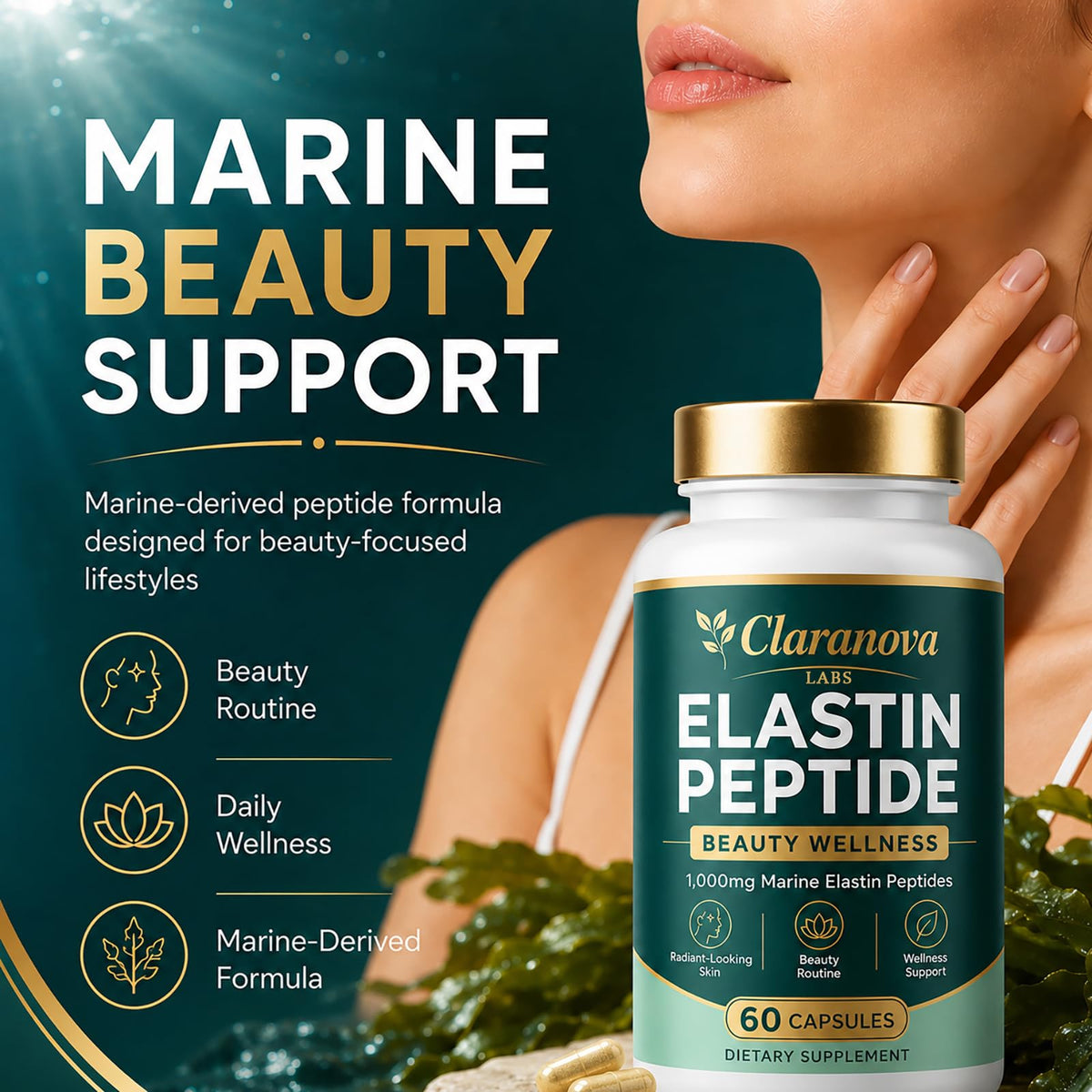 QUZOYU Claranova Labs Elastin Peptides, 1000mg Marine-Derived Peptide Formula, 60 Count