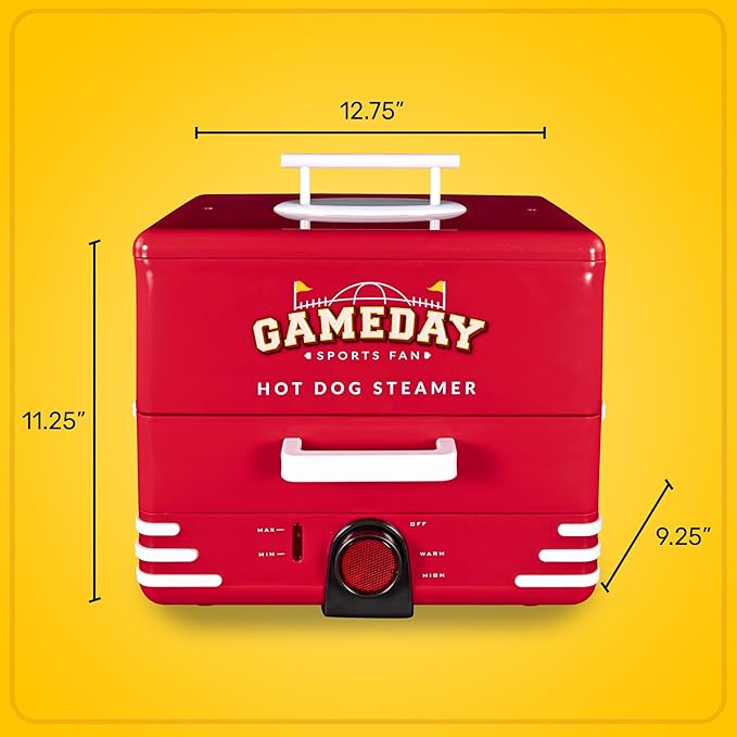 Nostalgia, Game Day Hot Dog Steamer and Bun Warmer, Fits 20 Dogs and 8 Buns, Steams Pot Stickers, Veggies, Potatoes, and Other Appetizers or Toppings