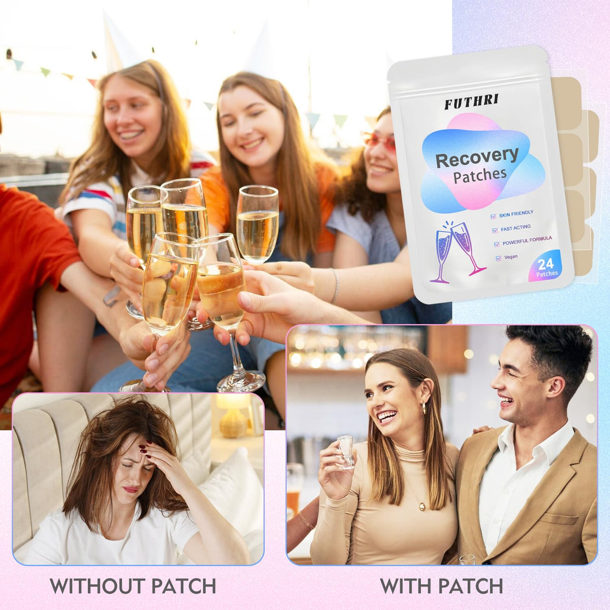FUTHRI Party Care Patches, 24 Pack, Natural Ingredients, Skin-Friendly, Self-Adhesive, Long Lasting, for Daily Party Recovery
