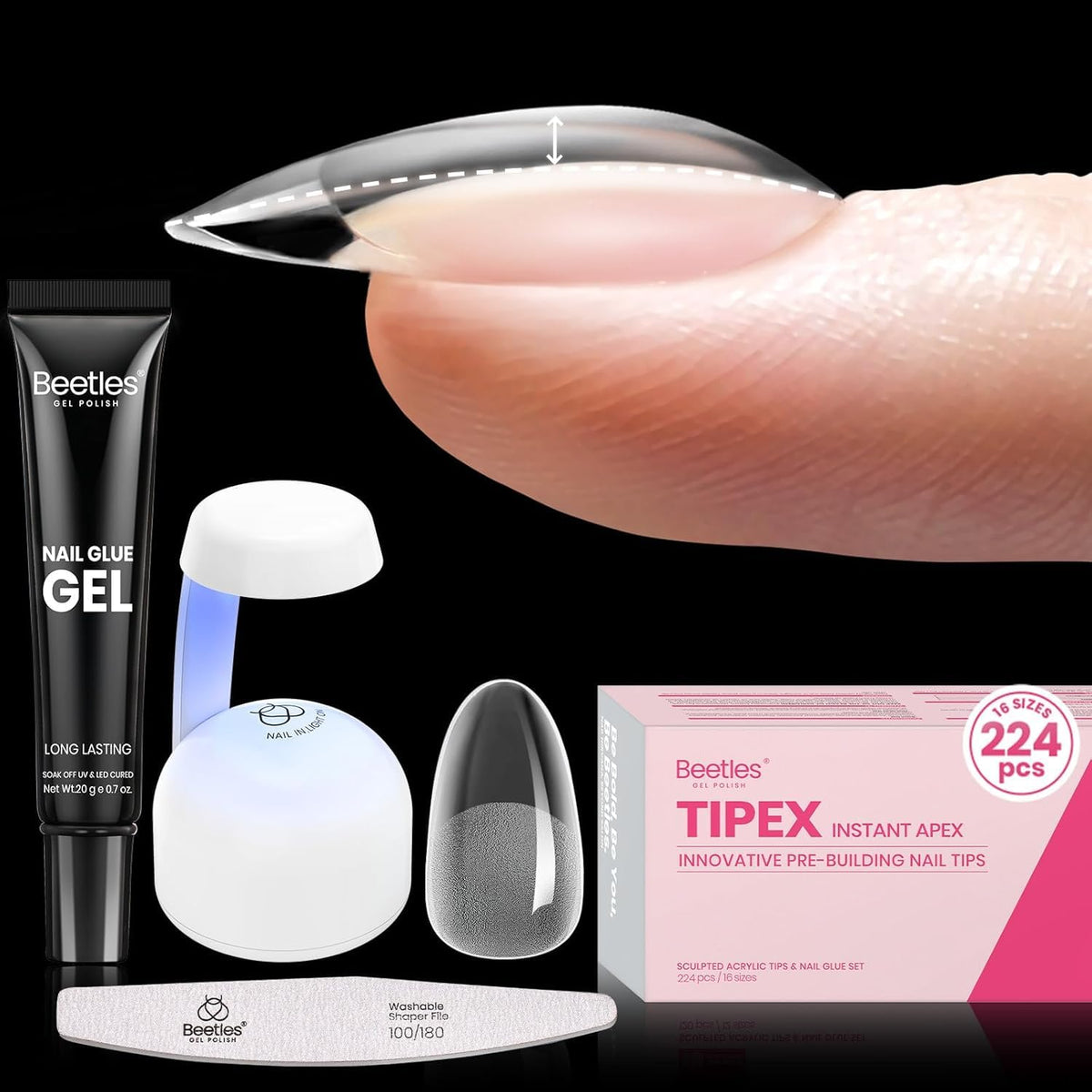 Beetles Tipex Instant Apex Nail Tips Kit, Oval Short 224Pcs 16 Sizes Pre-Building & Pre-Etched Thicker Acrylic Nails False Nail Extension with Tipex Uv Nail Glue Mini Nail Lamp