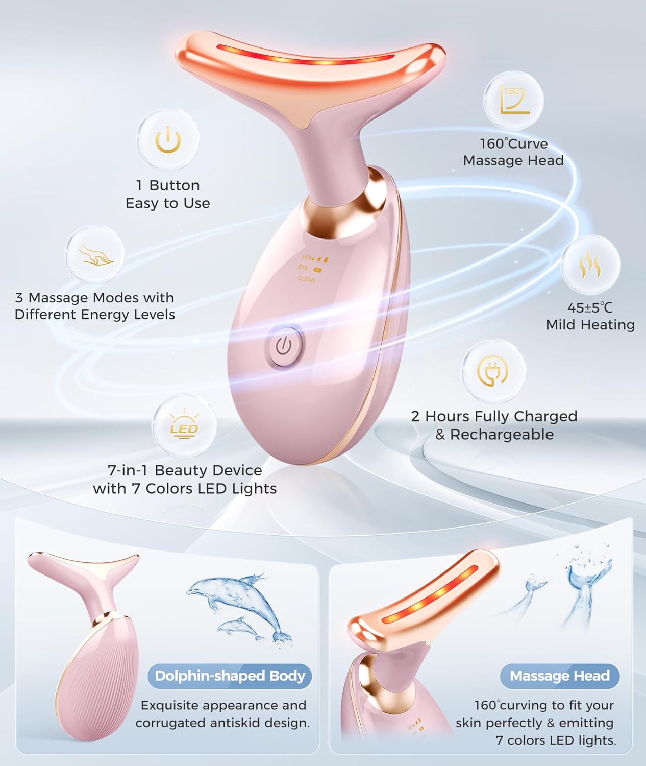 Fastaid 7-in-1 Skin Care Tools, Face Care, Face Neck Massager for Skin Care Routine at Home, Glossy Pink