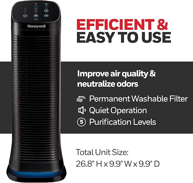 Honeywell Air Genius 5 Air Purifier with Permanent, Washable Filter, for Large Rooms, Reduces Smoke, Wildfire Smoke, Dust, Pollen, Pet Dander and More, Black, HFD320