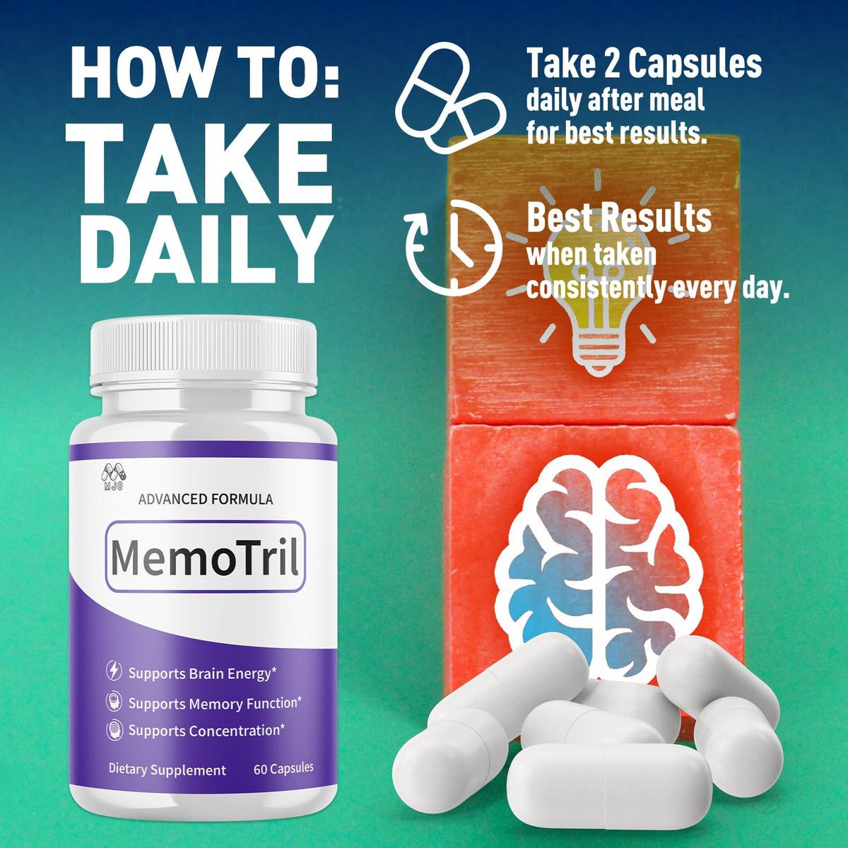 Memotril Capsules, Official Memo Tril Supplement Pills with All Natural Ingredients, Advanced Memotril Formula for Brain Health & Wellness Support with Premium Vitamins for Women & Men (60 Capsules)