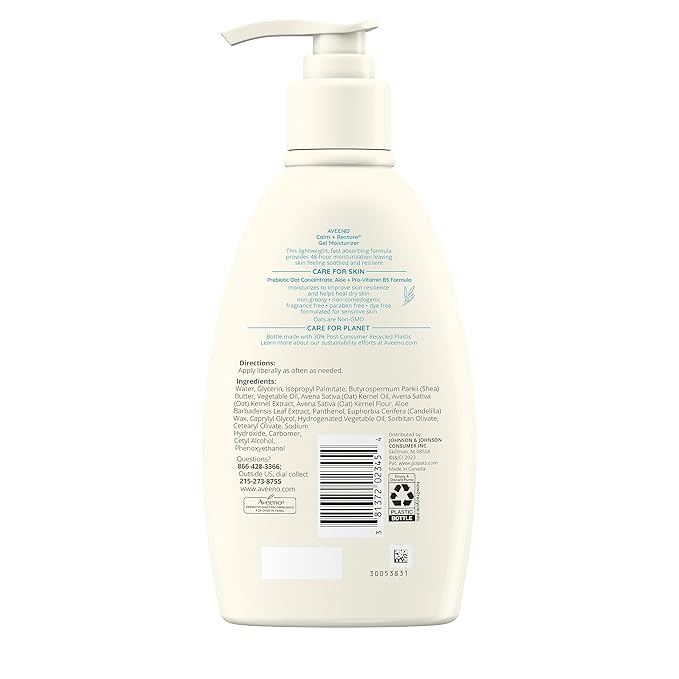 Aveeno Calm + Restore Body Moisturizer Gel for Sensitive Skin, Lightweight Moisturizer to Help Heal Dry Skin with Aloe Vera, Prebiotic Oat and Pro-Vitamin B5, Fragrance Free, 12 OZ