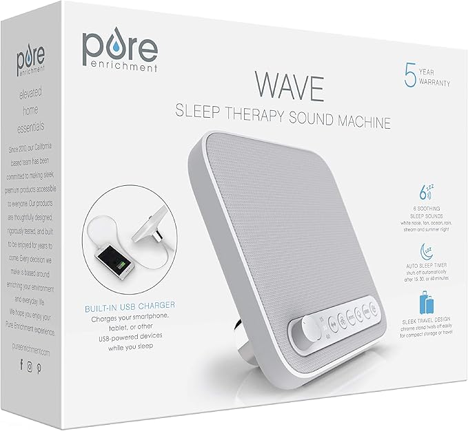 Pure Enrichment Wave Premium Sleep Sound Machine with USB Charger - Seamless Looping with 6 Soothing All-Natural Sounds, & Auto-Off Timer - Easily Portable for Travel (White) Patented Design
