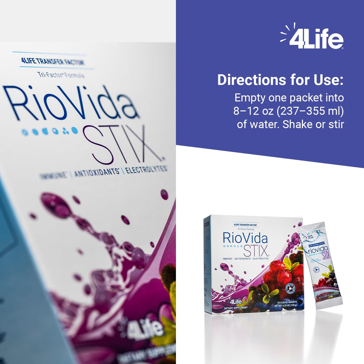 4Life - RioVida Stix - Immune Support Drink with Acai, Blueberry, Elderberry, Grape, Pomegranate, Electrolytes Powder - 15 Packets