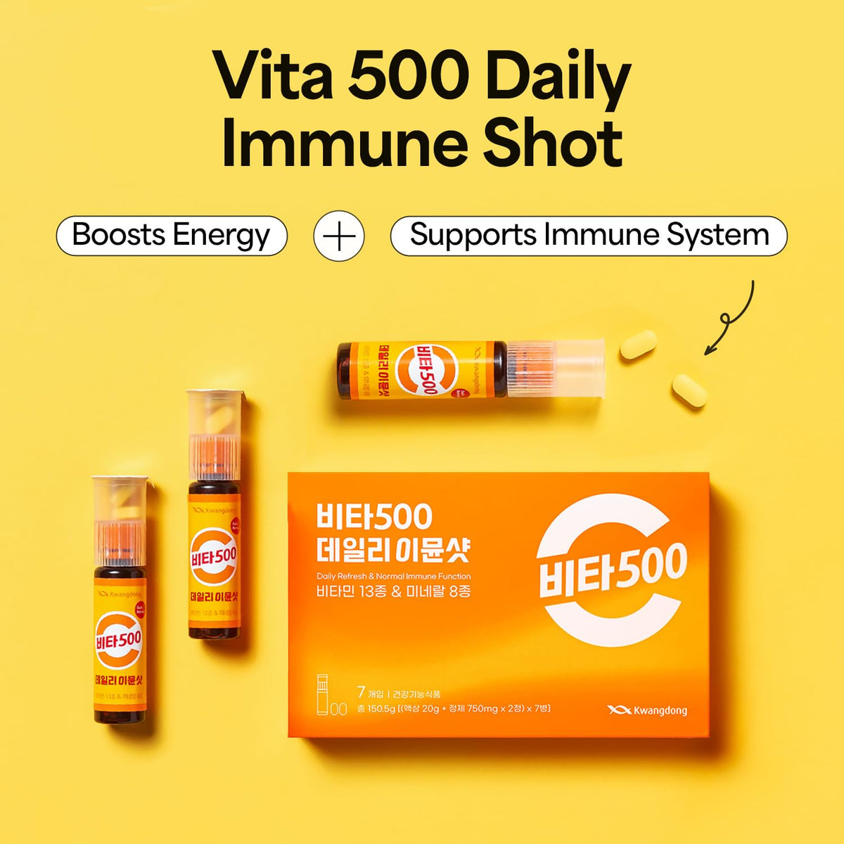 KWANGDONG Vita500 Daily Immune Support Shot - 13 Vitamins 8 Minerals Immunity Booster Supplement, Liquid Vitamin C Drink, Ready to Drink Energy Shot, Korean Vitamin Supplement, 0.75 Fl Oz (7 Bottles)