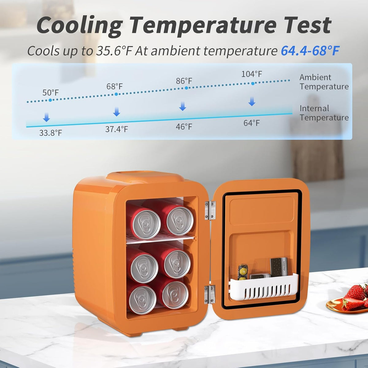 YASHE Mini Fridge, 4 Liter/ 6 Cans Skincare Fridge for Bedroom, 110V AC/ 12V DC Thermoelectric Cooler and Warmer for Drink, Office, Car, Orange