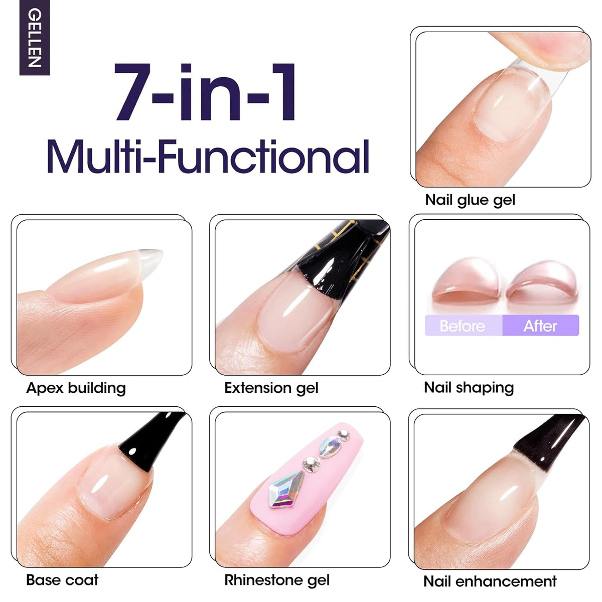 GELLEN 7 in 1 Builder Gel for Nails in a Bottle, 18ml Clear Builder Nail Gel for Nail Extension and Apex Building, UV Light Needed