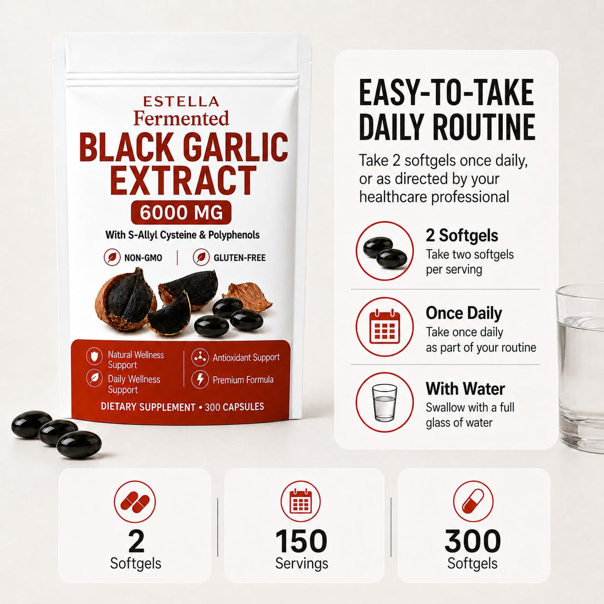 BYDNES LABS Estella Lanural Fermented Black Garlic Extract, Odorless Black Garlic Capsules, Vegan, Non-GMO, Gluten-Free, 300 Capsules